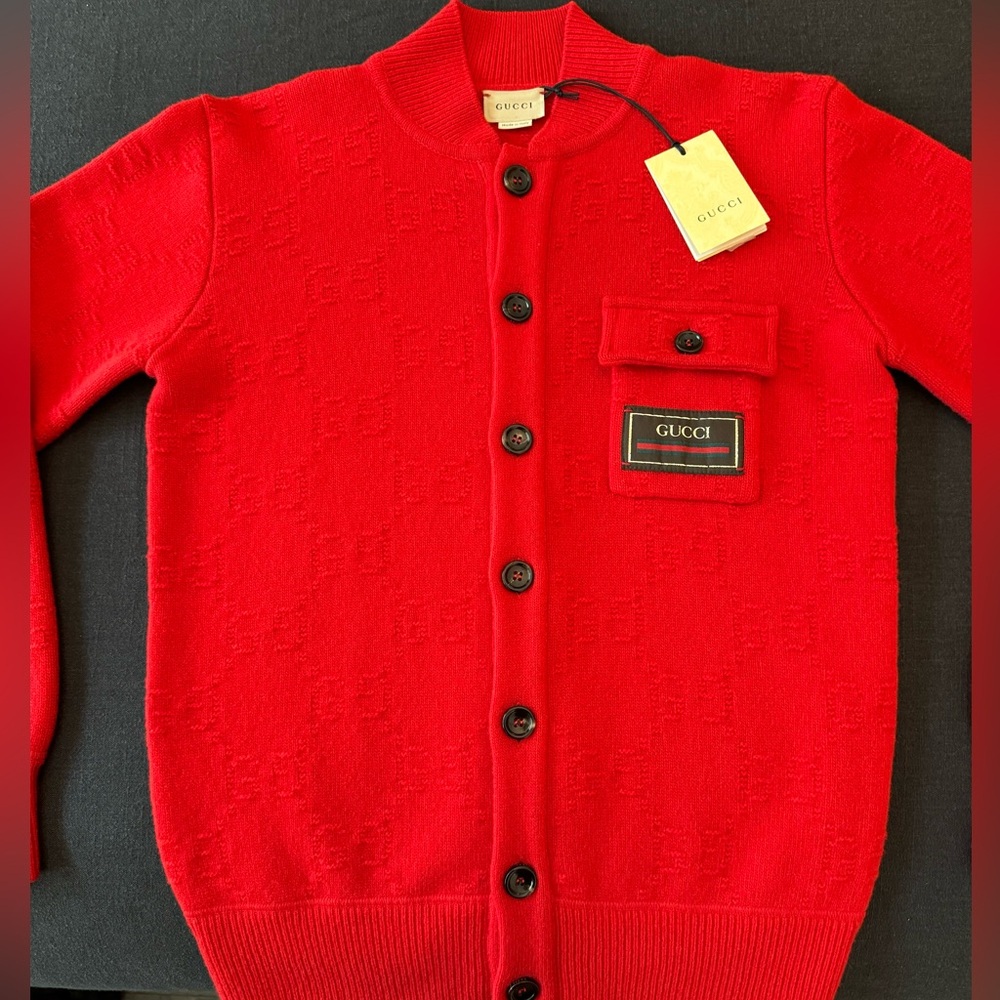 Authentic Gucci Kids Bomber Cardigan in red GG with Logo Patch - Boys Size 12